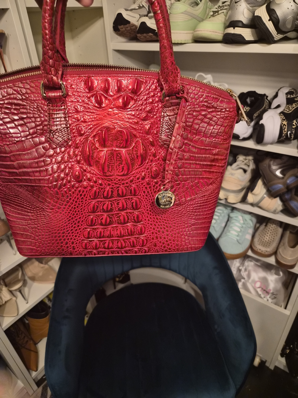 Brahmin Red Croc-Embossed Satchel with Gold Charm